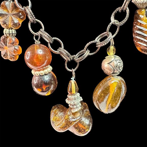 Neat Amber Glass Charm Necklace See each set of Beads...Unusual Chain, too. - Picture 3 of 5